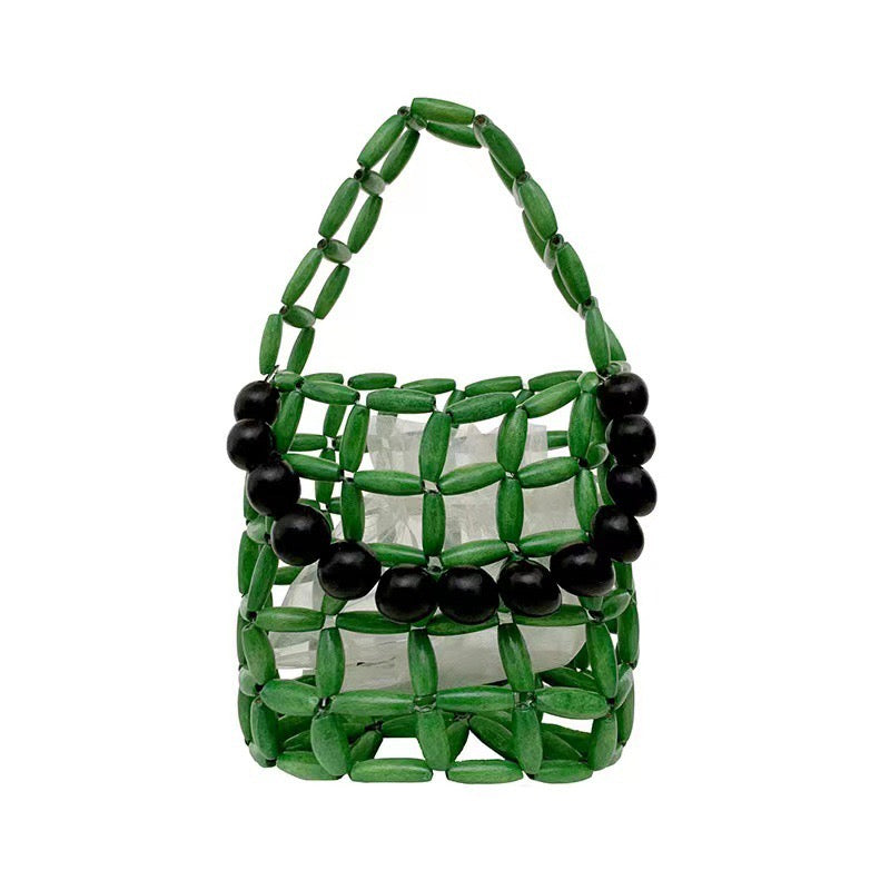 Fashionable beaded women's handbag, wooden bead bucket bag, hollow square women's bag