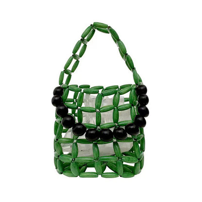 Fashionable beaded women's handbag, wooden bead bucket bag, hollow square women's bag