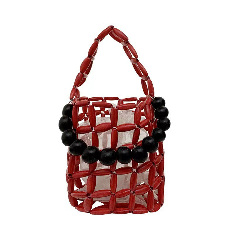 Fashionable beaded women's handbag, wooden bead bucket bag, hollow square women's bag