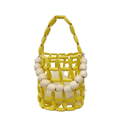Fashionable beaded women's handbag, wooden bead bucket bag, hollow square women's bag