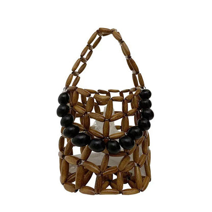Fashionable beaded women's handbag, wooden bead bucket bag, hollow square women's bag