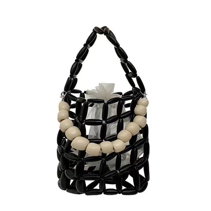 Fashionable beaded women's handbag, wooden bead bucket bag, hollow square women's bag