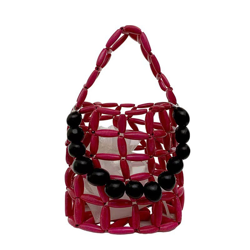 Fashionable beaded women's handbag, wooden bead bucket bag, hollow square women's bag